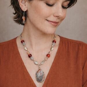 Chalcedony Agate 1 1/2" Oval Cabochon Necklace Earrings Gray Orange 20" Silver